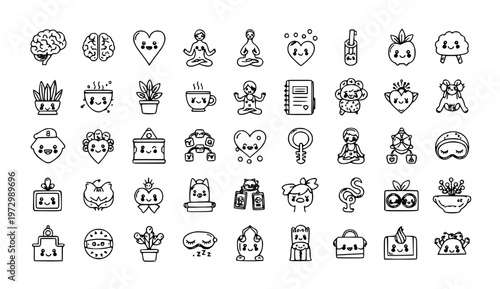 Cute mental health doodle icon set with self care mindfulness and wellness hand drawn vector collection
