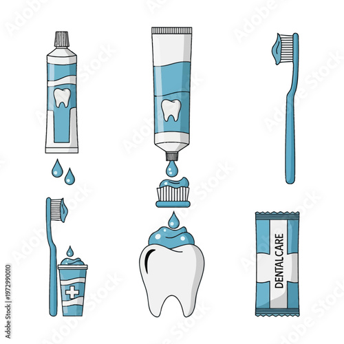 Vector illustration collection of oral hygiene products featuring toothpaste tubes, blue toothbrushes with paste, a molar tooth, and a dental care sachet on a white background.