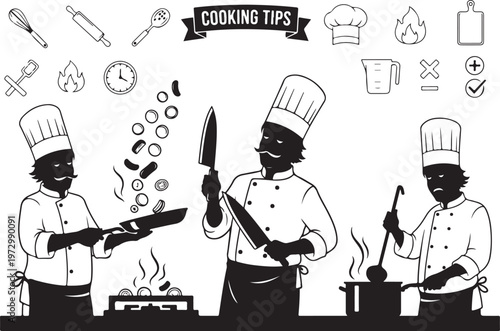 Three chefs cooking with utensils and ingredients kitchen