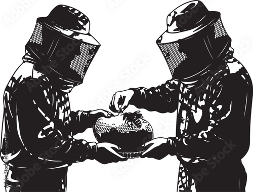 Two beekeepers in protective suits handling a honeycomb