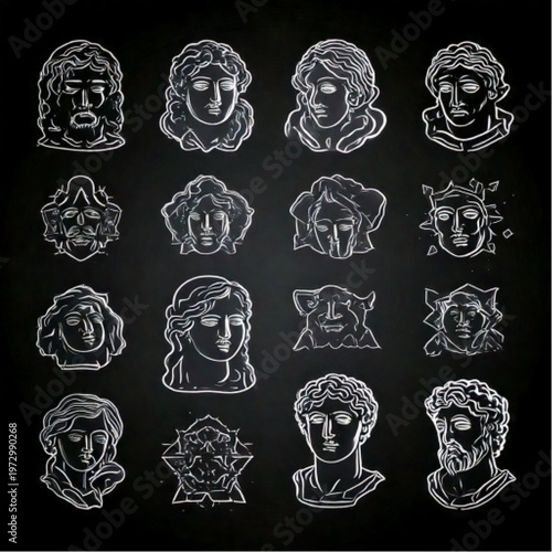 Collection of Ancient Roman and Greek Busts Rendered in Digital Pixels.