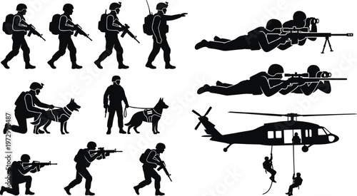 Military Soldier Silhouette Set with Sniper, K9 Unit and Helicopter