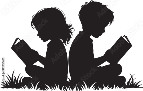 Vector silhouette of siblings sitting in the grass and reading book on white background. Symbol of girl, sister, brother, friends, family, infant, childhood, nature, park, garden.