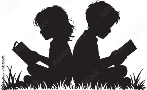 Vector silhouette of siblings sitting in the grass and reading book on white background. Symbol of girl, sister, brother, friends, family, infant, childhood, nature, park, garden.