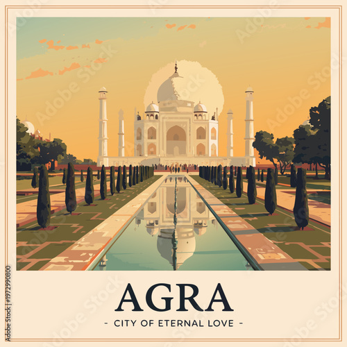 Beautiful Agra Taj Mahal City of Eternal Love India Travel Poster at Golden Hour - Vector Art