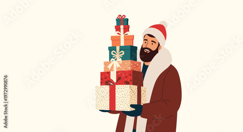Cheerful man dressed in a winter coat and santa hat carrying a very tall stack of colorful Christmas gift boxes.