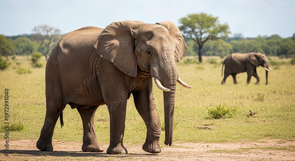 Obraz premium Majestic African Elephant Strolling Across the Savannah Landscape.