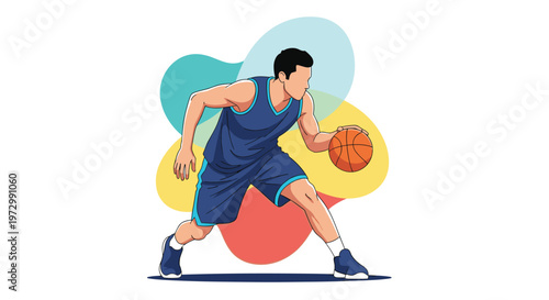 Professional basketball player in a blue uniform dribbling a ball intensely against a vibrant abstract background.
