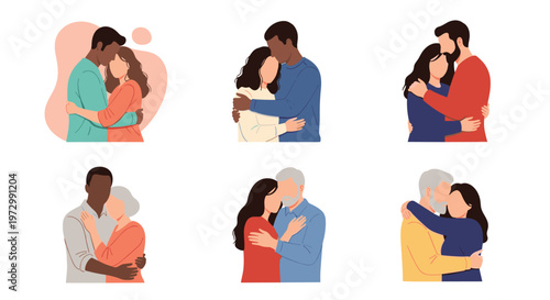 Collection of diverse couples of different ages and ethnicities sharing warm and affectionate hugs against a white background.