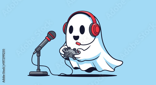 Adorable white ghost character wearing headphones and using a controller to play video games in front of a microphone.