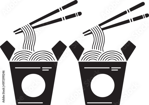 Two takeout noodle boxes with chopsticks silhouette