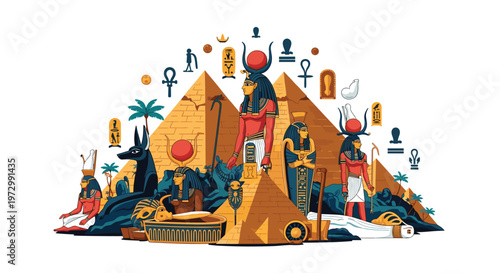 Detailed scene of ancient Egypt featuring pyramids, palm trees, statues of gods like Anubis, and various hieroglyphic symbols.