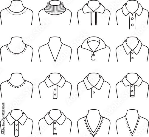 types of t shirt necklines flat sketch vector illustration technical cad drawing template