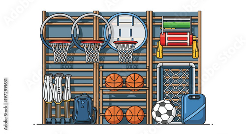 Sports equipment stored on wooden wall bars including basketballs, soccer ball, hoops, and gym bags in gymnasium room.