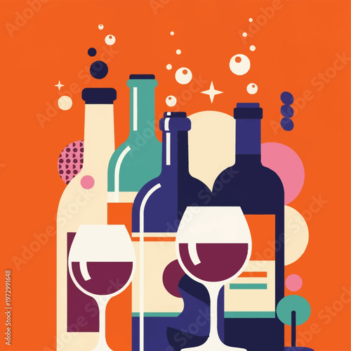 Abstract flat vector illustration featuring multiple wine bottles and two glasses of red wine on a bright orange background with decorative geometric shapes, bubbles, and sparkles.