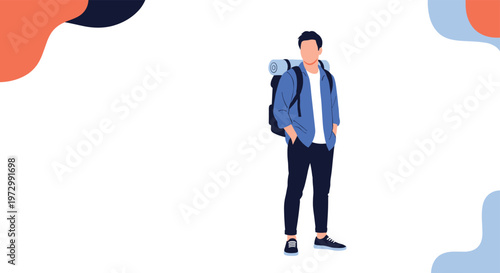 Young male traveler with large backpack standing alone against white background with abstract colorful fluid shapes.