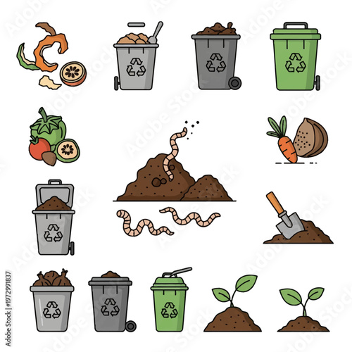 Comprehensive vector icon set for composting and organic waste recycling featuring food scraps, green bins, earthworms in soil, gardening tools, and growing young plant seedlings.