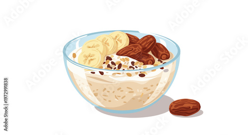 Healthy bowl of oatmeal porridge topped with sliced bananas, dates, and nuts for nutritious and delicious breakfast meal at home.