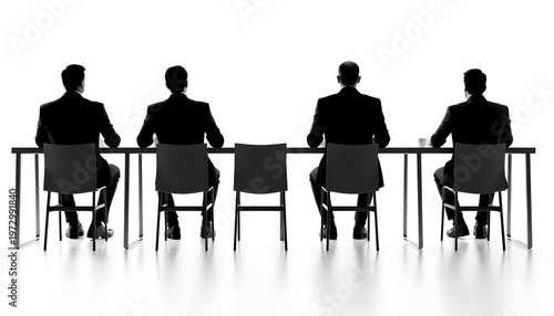 Businessmen sitting at a long table in a meeting room with chairs