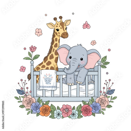 Vector illustration of a cute giraffe and baby elephant in a light blue nursery crib surrounded by a floral rose arrangement and pastel flowers on a clean white background.