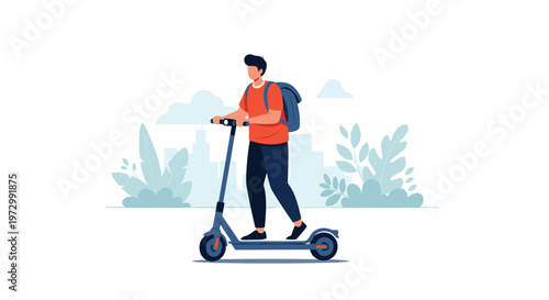 Young man with backpack riding electric scooter on city street with green bushes and tall urban buildings in background.