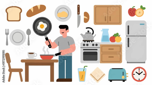 Man cooking breakfast in a kitchen.