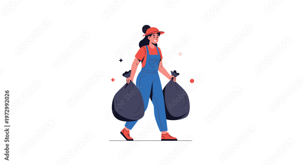 Obraz premium Female sanitation worker in blue overalls and red cap carrying two large black trash bags for waste disposal service.