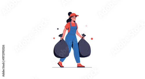 Female sanitation worker in blue overalls and red cap carrying two large black trash bags for waste disposal service.