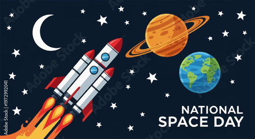 Double rocket launch into space with Saturn and Earth illustration