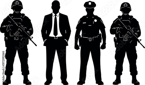 Security personnel and law enforcement silhouettes vector set featuring police officer businessman and tactical soldiers isolated black figures collection