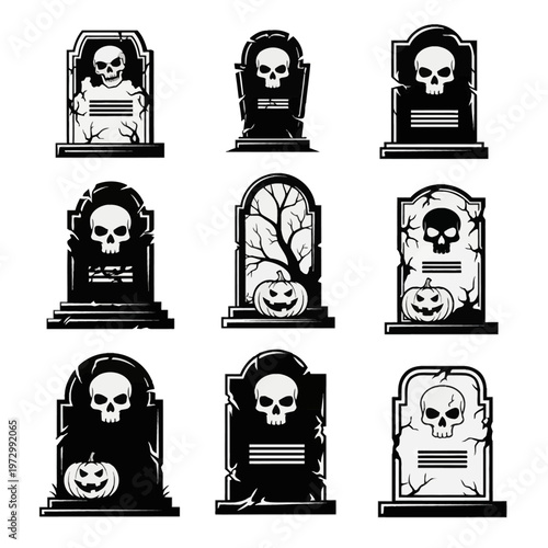 Set of nine black and white vector icons of spooky Halloween gravestones featuring skull motifs, jack-o'-lantern pumpkins, weathered cracks, and dead trees on a white background.