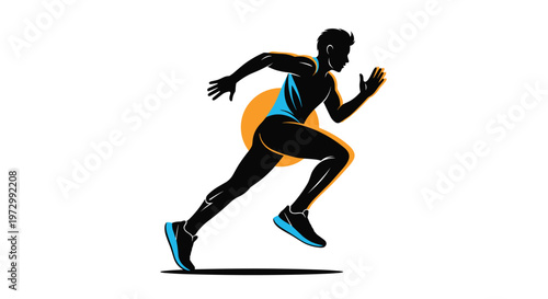 Silhouette of male runner in fast motion against orange sun background symbolizing athletics, speed, and endurance.