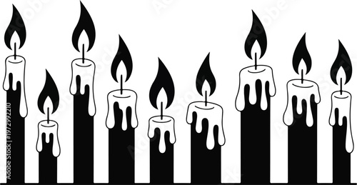 Minimalist burning candle vector set featuring black silhouette tall wax candles with dripping wax and flickering flames for decorative lighting designs.