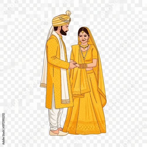 Full body vector illustration of an Indian bride and groom holding hands, dressed in traditional yellow wedding attire with a lehenga choli, sherwani, turban, and jewelry on transparent background.