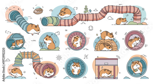 Collection of cute brown hamsters playing in colorful tunnels, exercise wheels, and hiding in small houses and tubes.