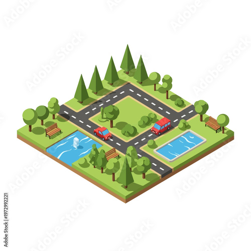 Isometric 3D illustration of a city park landscape with green lawns, asphalt roads, red vehicles, wooden benches, various trees, bushes, a pond with fountain, and a swimming pool.