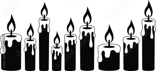Minimalist burning candle vector set featuring black silhouette tall wax candles with dripping wax and flickering flames for decorative lighting designs.