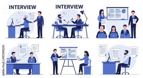 Business Interview Process: Job Application, Meeting, Presentation, and Recruitment Scenes