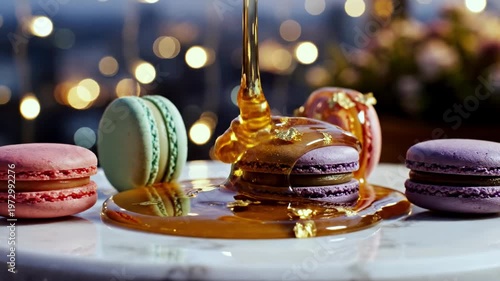 A plate of colorful macarons with caramel sauce being poured on them