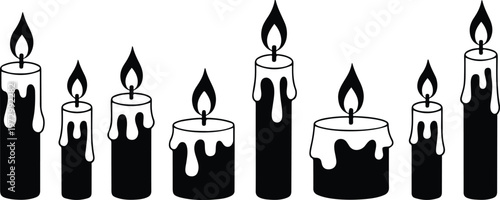 Minimalist burning candle vector set featuring black silhouette tall wax candles with dripping wax and flickering flames for decorative lighting designs.