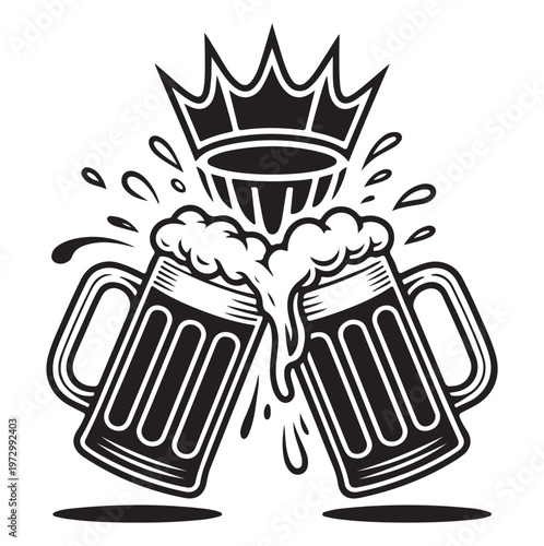 Black and white illustration of two beer mugs clinking with a crown