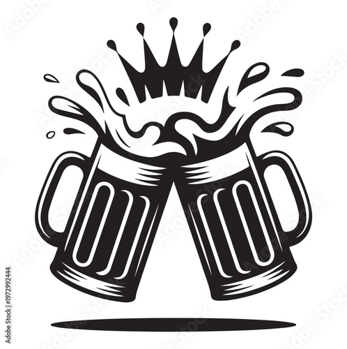 Black and white illustration of two beer mugs clinking with a crown