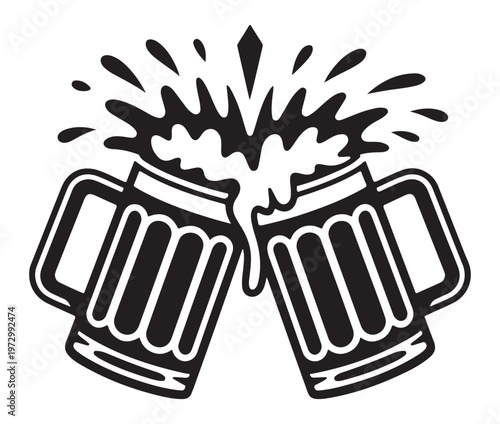 Two beer mugs clinking together with a splash of liquid