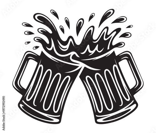 Two beer mugs clinking together with liquid splashing isolated on white background