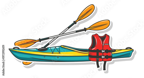 Kayak boat with life jacket and oars.