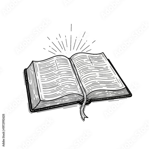 Detailed monochrome sketch of an open Holy Bible with a ribbon bookmark and light rays shining from the center, hand-drawn vintage woodcut style illustration on white background.