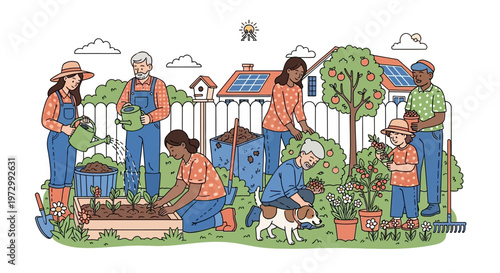 Diverse community gardening together, enjoying outdoor activity and sustainable living.