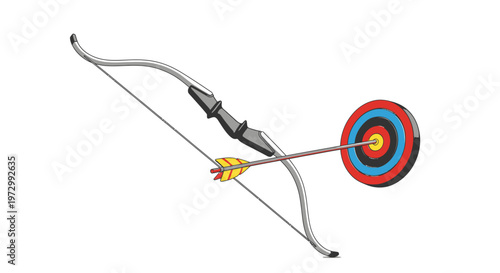 Archery bow and arrow hitting target.