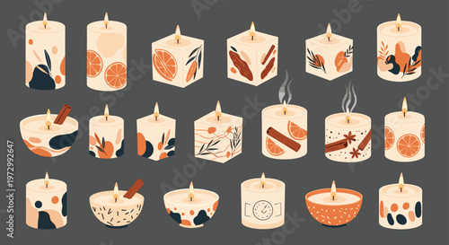 Large collection of decorative scented candles in different shapes and designs with oranges and spices patterns.