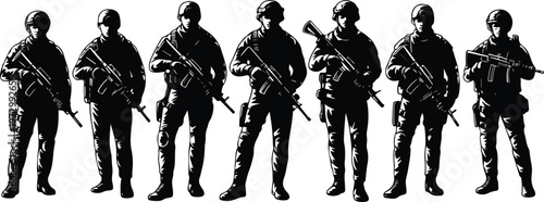 Professional military soldier silhouette set featuring armed special forces infantry personnel in tactical gear for combat and defense security graphics.
